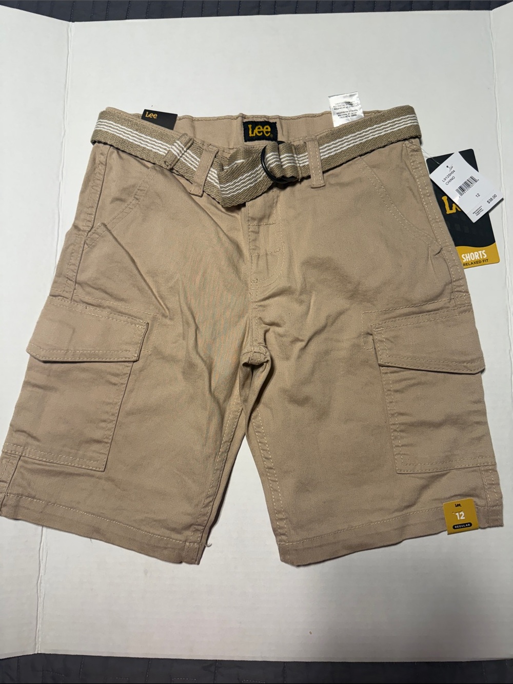 Lee Boys Tan Khaki Cargo Shorts with Striped Woven Belt